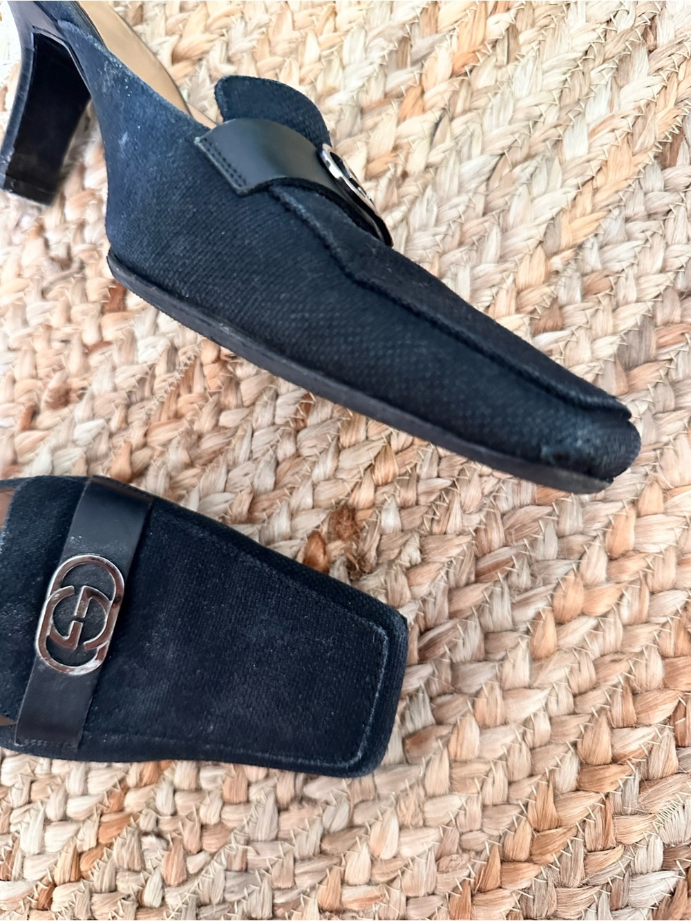 GUCCI Black Canvas + Leather Square Toe Heel-Silver GG Metal Monogram Size 10 - Picture 5 of 8